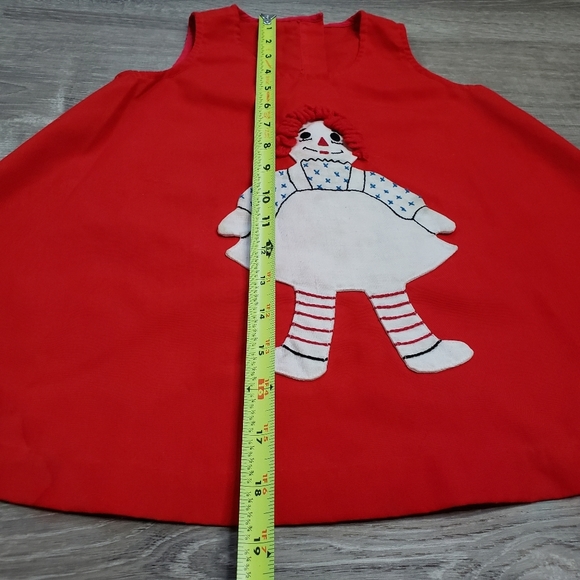 VINTAGE RAGGEDY ANN Applique Jumper Dress Red retro1960s Yarn Hair - Picture 4 of 10